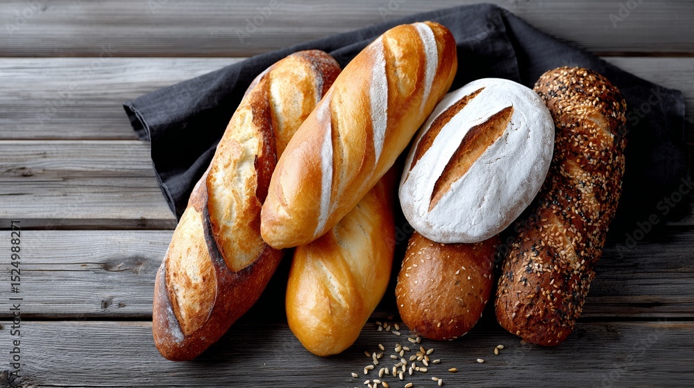 Variety of breads are displayed on a wooden table. The breads are ...