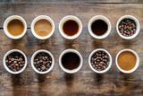 Different coffee brews show variety, arranged nicely and looking delicious