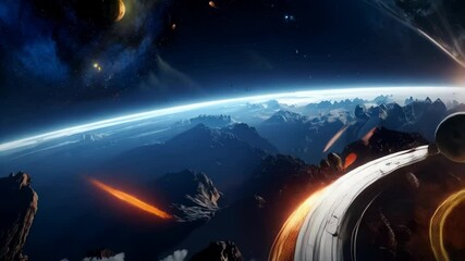 Wall Mural - Dramatic space scene featuring planets, asteroids, and rings in outer space with a bright celestial glow, science fiction cosmos concept