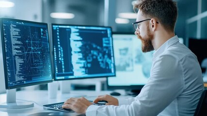 male software developer focused on coding, programming, and data analysis at modern office desk with