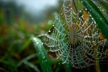 Close-up of spider web with water droplets on grass