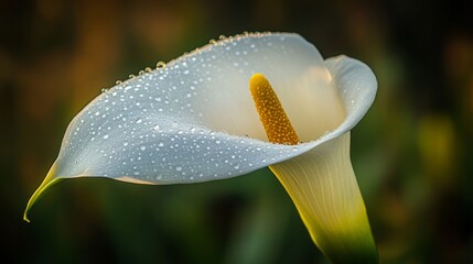 Poster - An elegant close-up of a calla lily with dew drops glistening on its smooth petals, highlighting its unique shape and the beauty of nature in early morning light.