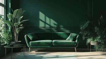 Aufkleber - An elegant velvet sofa in deep green, beautifully arranged in a chic interior, surrounded by decorative plants and ambient lighting for a sophisticated atmosphere.