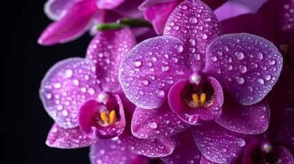 Poster - An enchanting image of purple orchids with crystal-clear water droplets clinging to their smooth petals, capturing the beauty and allure of these exotic flowers.
