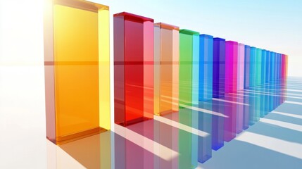 Leinwandbilder - Array of rainbow-colored D bars in a row, gradually increasing in height, with smooth shadows and reflections