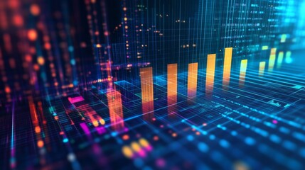 Aufkleber - A D bar chart in vibrant colors representing financial growth, with glowing data points and a futuristic digital background in a business setting.
