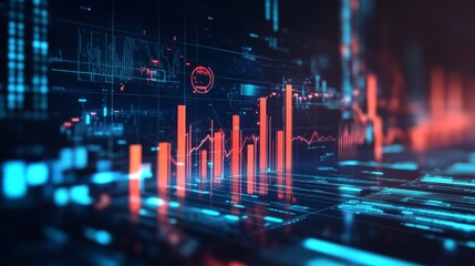 Poster - A D bar graph representing financial data growth, set against a dark background with a digital interface and various financial symbols around it.