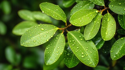 Poster - A close-up of mangrove leaves with water droplets, capturing the details of their texture and color against the backdrop of the forest
