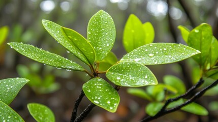 Poster - A close-up of mangrove leaves with water droplets, capturing the details of their texture and color against the backdrop of the forest