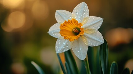 Poster - A delicate image of a white daffodil with dew drops on its petals, set against a blurred natural background, emphasizing its beauty and the freshness of spring.