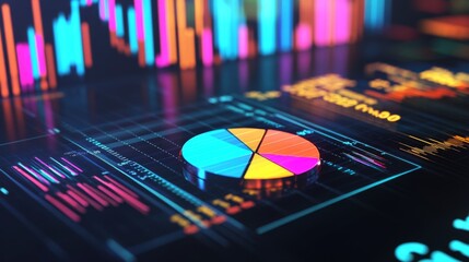 Leinwandbilder - A financial pie chart and line graph in vibrant colors, depicting key business data and market insights on a sleek, modern screen.