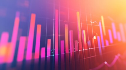 Poster - A professional D bar chart in soft gradient tones, with bars rising upwards and data lines overlaid, set in a minimalist digital environment.