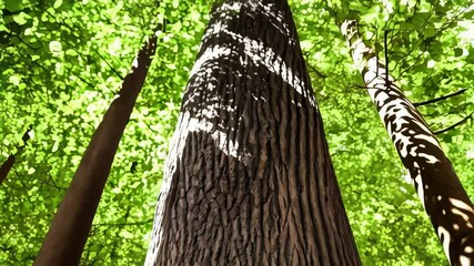 Close up of tree trunk showcasing its textured bark, vertical grooves, and abstract pattern formations with forest foliage in the background