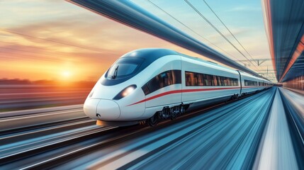 Poster - A sleek high-speed train on a modern bridge at sunset, with warm hues in the sky reflecting on the train's surface, creating a striking visual contrast