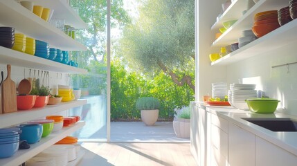 Poster - A spacious kitchen with large windows allowing natural light to flood in, highlighting the open shelves filled with colorful dishes and cookware.