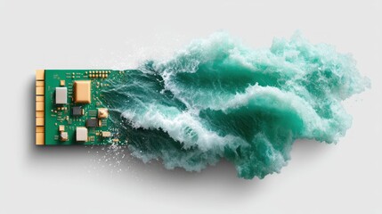 Leinwandbilder - Green circuit board transforms into a powerful wave on a white background