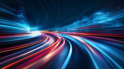 Poster - Blurred motion effect of a highway with streaks of car lights, conveying high-speed movement against a nighttime cityscape