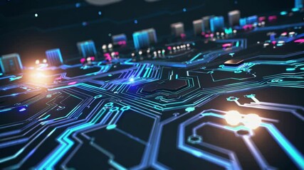 Poster - Exploring the intricate details of modern circuit board technology with vibrant blue and neon highlights