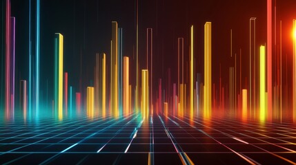 Poster - Colorful D bars rising from a digital grid floor, with subtle lighting and a gradient background to create a dynamic visual