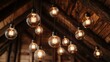 © Plaifah - Cozy warm light bulbs hanging from a rustic wooden ceiling, illuminating the space with a soft amber glow against a dim background