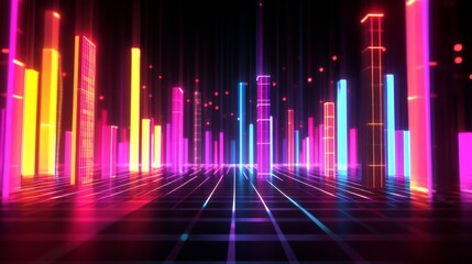 Poster - Dark-themed D bar chart with neon-colored bars and a digital grid base, capturing a futuristic data visualization aesthetic