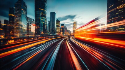 Aufkleber - Long exposure of a futuristic train moving quickly on rails, with glowing streaks of light and motion blur in a modern city
