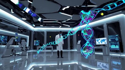 Leinwandbilder - Scientist explores advanced DNA models in a futuristic laboratory setting with cutting-edge technology