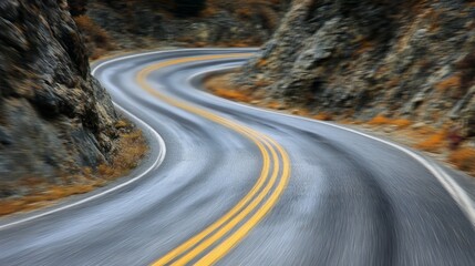 Aufkleber - Motion blur effect on a curving mountain road with sharp turns, creating the feeling of speed and thrilling movement