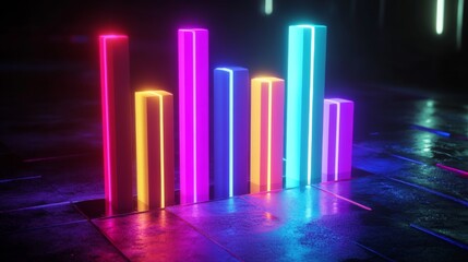 Aufkleber - Modern D bar chart with neon-colored bars and gradient lighting, set against a dark background for a futuristic look
