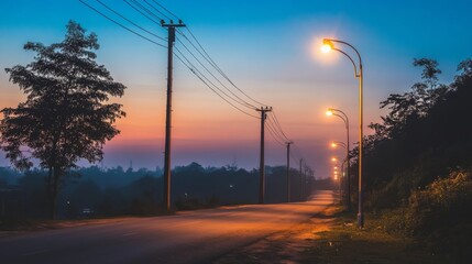 Aufkleber - Streetlights glowing on an empty city road at dawn, with the first hints of sunlight in the sky and a serene, quiet morning atmosphere.