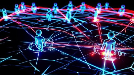 Leinwandbilder - Digital connections visualized in vibrant colors with nodes and figures depicting movement across a network grid
