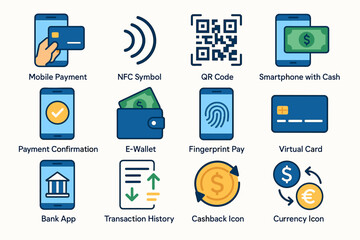 digital payment icons: nfc, qr code, e-wallet, currency, cash, smartphone, bank