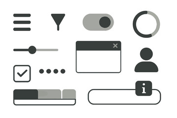 Ui design elements set: buttons, icons, and controls on metallic background