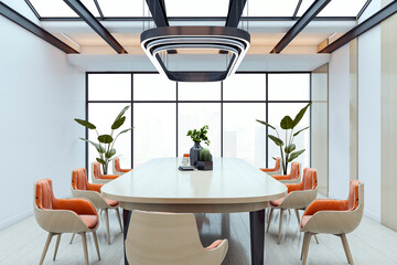Aufkleber - Modern executive boardroom with luxury furniture and panoramic city view through glass walls and ceiling in a contemporary office interior. 3D Rendering