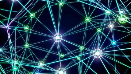 Poster - Exploring connections in a vibrant digital network with colorful nodes and flowing lines