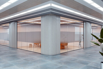 Aufkleber - Modern office corridor with glass-walled meeting rooms and sleek ceiling lighting in an empty corporate interior space. 3D Rendering