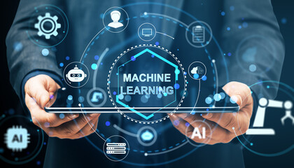 Fototapete - Machine learning concept with futuristic digital interface icons surrounding tablet held by businessman on dark background with glowing tech elements.