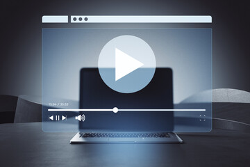 Fototapete - Abstract video player interface overlay on laptop screen in modern background environment representing online streaming and digital content use. 3D Rendering