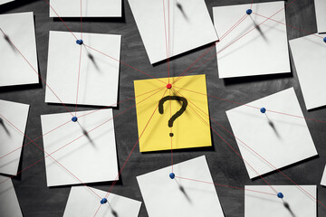 Fototapete - Sticky notes with red strings connected to a yellow note featuring a question mark in the center on a dark wall background, symbolizing investigation concept. 3D Rendering