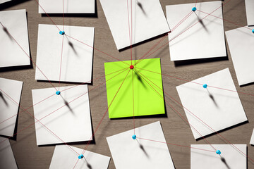 Fototapete - Sticky notes connected with red strings on wooden wall background in detective investigation concept with central green note focus. 3D Rendering