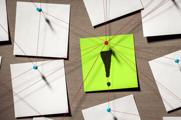 Aufkleber - Abstract detective investigation board with red string connections and exclamation symbol on green note pinned to wall background in office setup. 3D Rendering