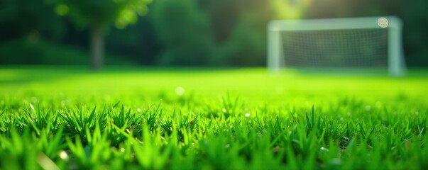 Close-up vibrant green grass, soccer goal net , green texture, sporting goods, nature background