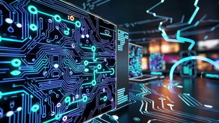 Poster - Exploring a futuristic digital space with glowing circuit designs and advanced technology in interactive environments