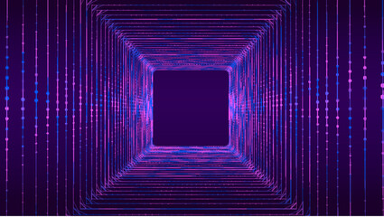 Wall Mural - technology wireframe square tunnel on blue background. futuristic 3d wormhole grid. big data visuali