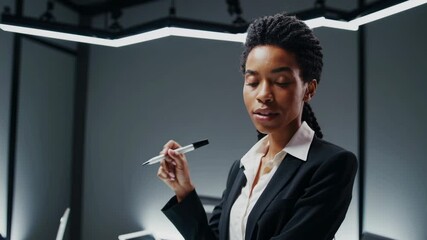 Poster - Business meeting featuring a confident presenter in a modern conference room with colleagues