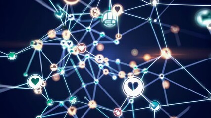 Poster - Exploring connections in a digital network with vibrant icons and data flows