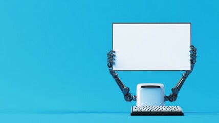 Robot Holding Blank Sign AI Technology, Digital Future, Automation, Innovation Concept