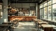 © PRIMPROW - Industrial-inspired coffee shop with rugged tables, gray-beige seating, and hanging steel light fixtures giving a sleek look