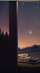 Wall Mural - a nighttime scene where the bed is centered in an open meadow with no walls or roof allowing an unob