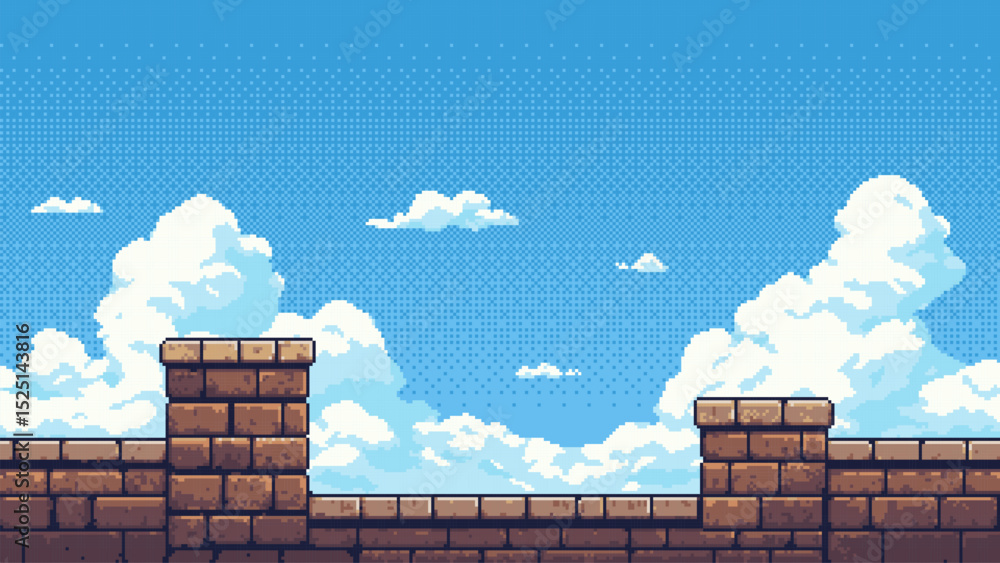 Pixel art game level with a brick wall and a cloudy sky background ...